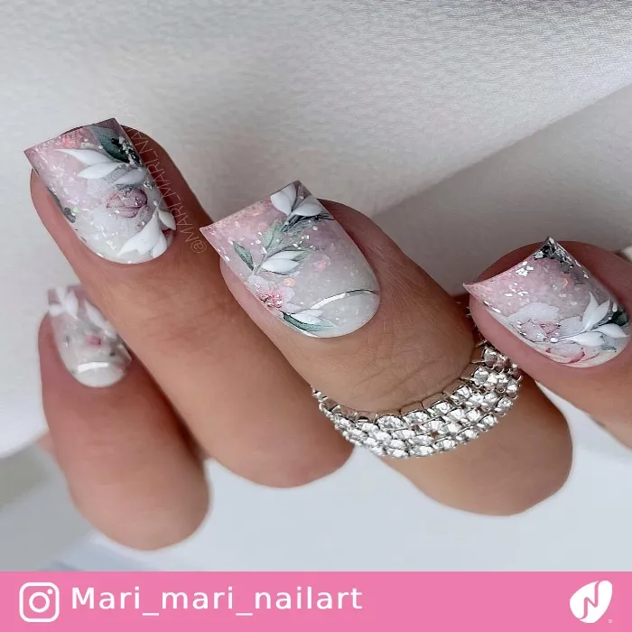 Flower Painting on Nails with Glitter